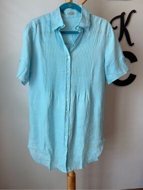 Red Point Linen Top Pintucked Tunic Size Medium Coastal Aqua Mini Dress
